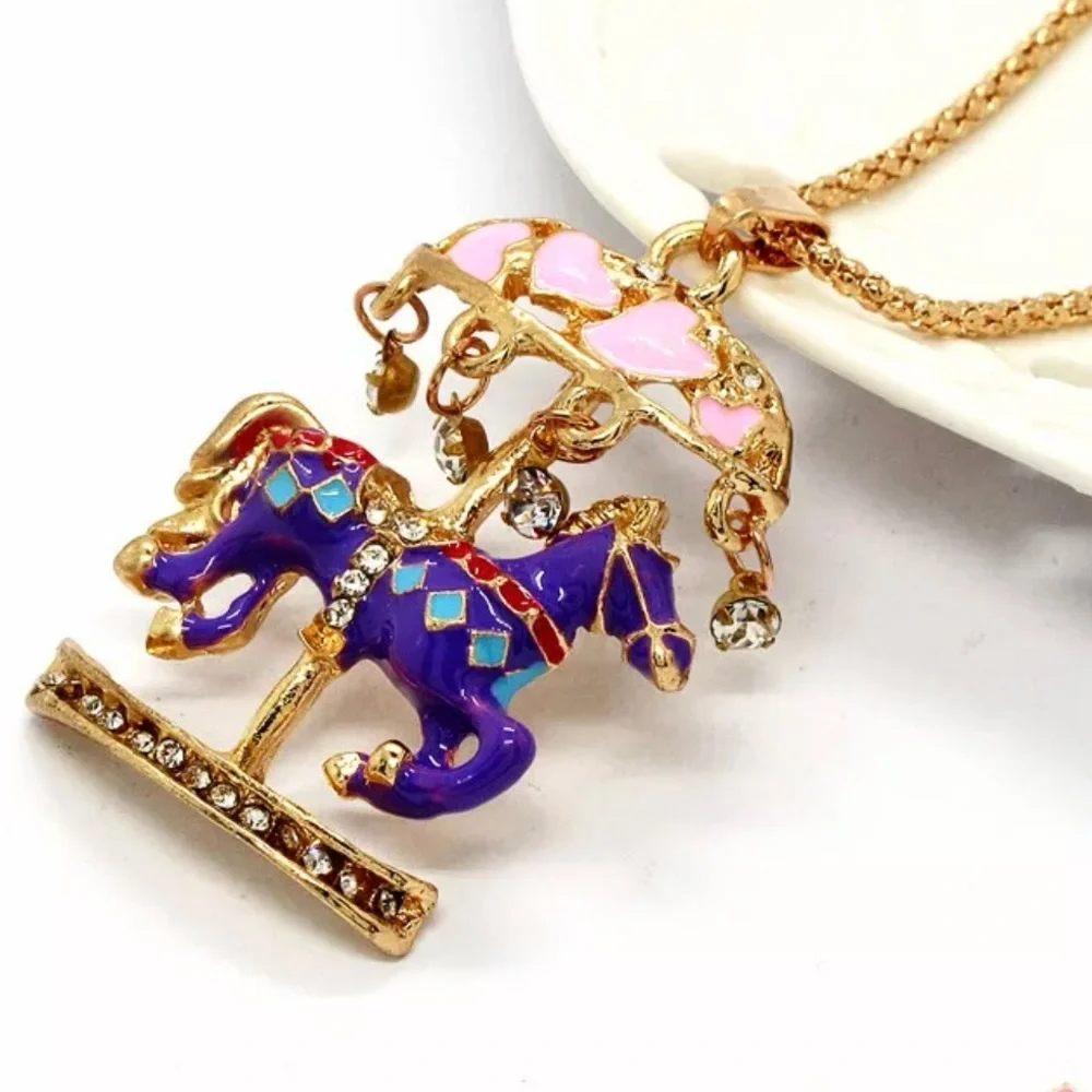 Merry Go Round Carousel Miniature Dark Blue, Pink, & Gold Necklace - Picture 3 of 6